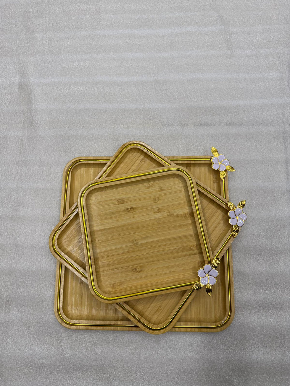 Premium 3-Piece Rectangular Bamboo Tray Set with Floral Accents