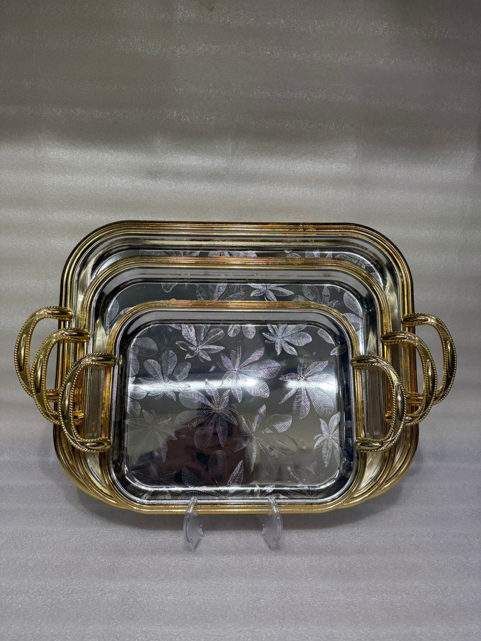 Luxury 3-Piece Floral-Etched Stainless Steel Tray Set with Rope-Design Golden Borders