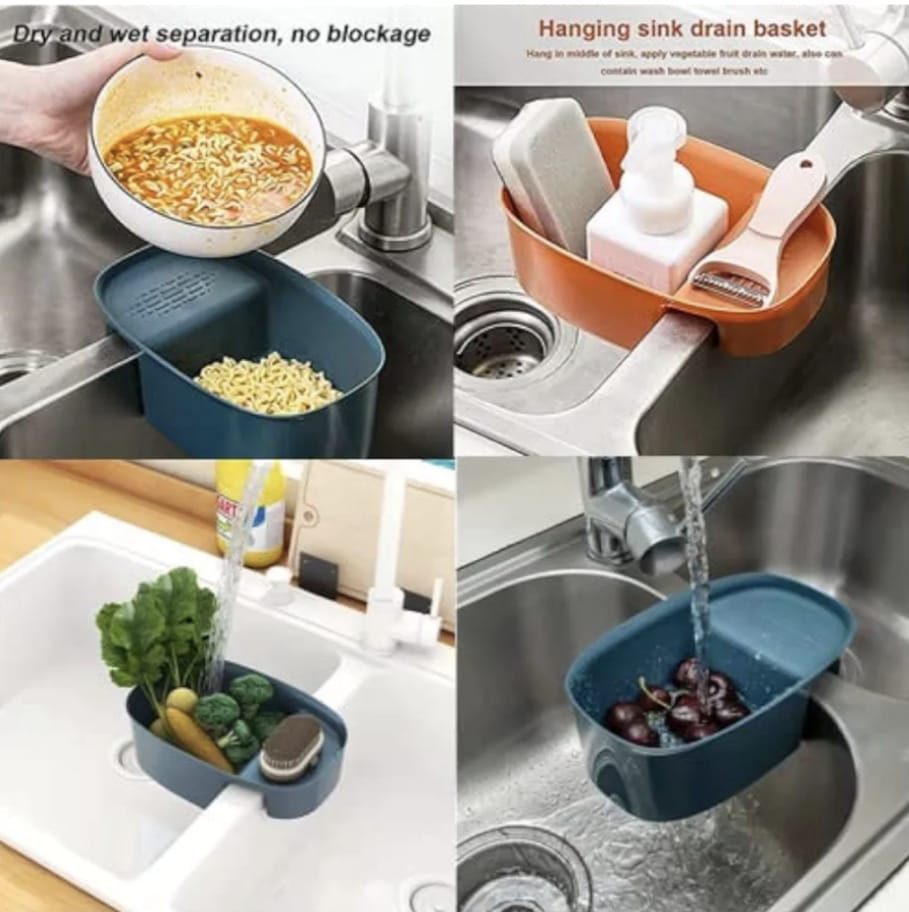 Saddle-Style Double Sink Drain & Storage Basket