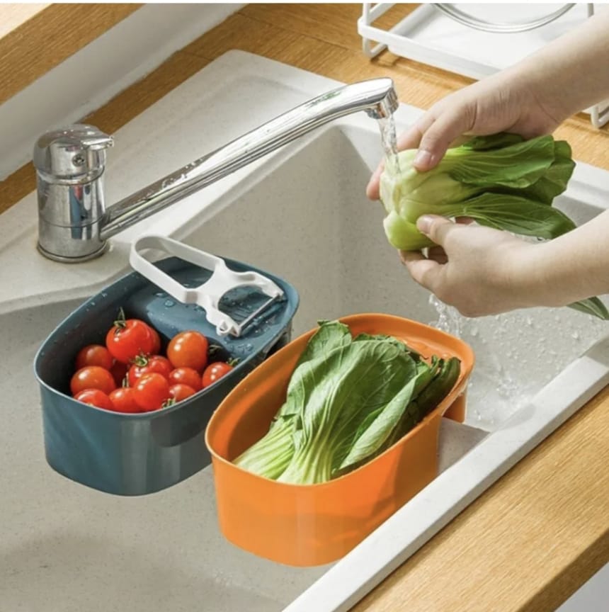 Saddle-Style Double Sink Drain & Storage Basket