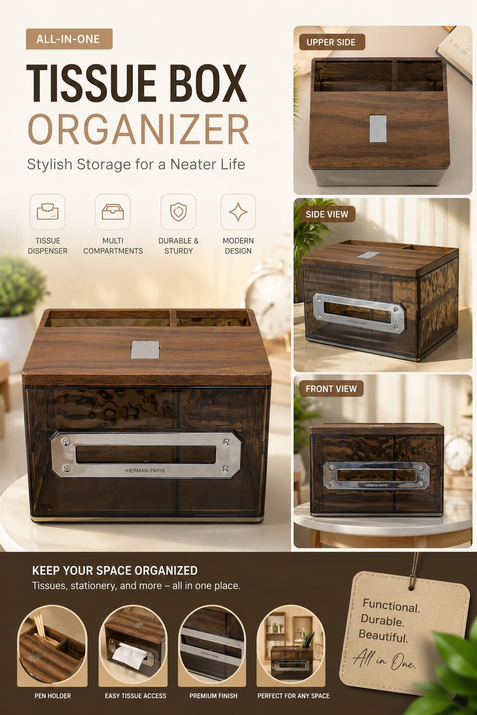 All-in-One Tissue Box Organizer with Premium Wood-Grain Top