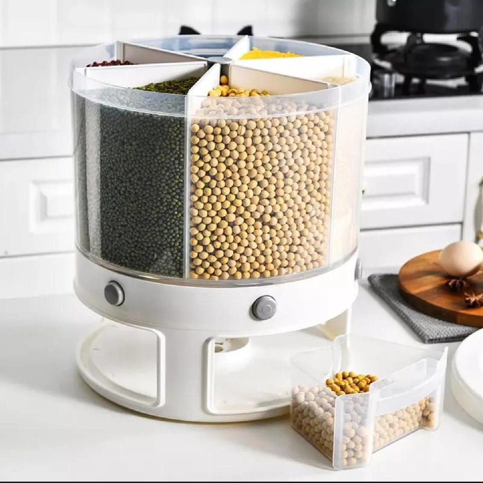 360° Rotating Cereal Dispenser: 6-Compartment Dry Food Bin