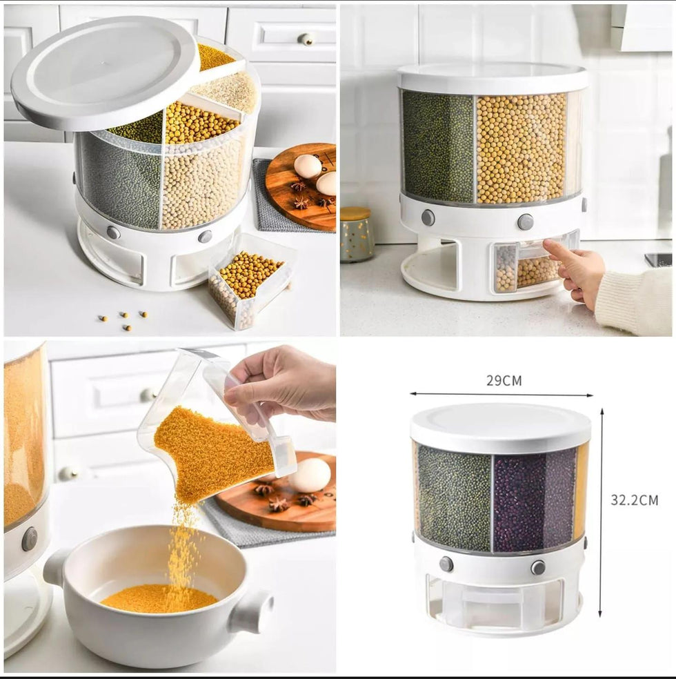 360° Rotating Cereal Dispenser: 6-Compartment Dry Food Bin