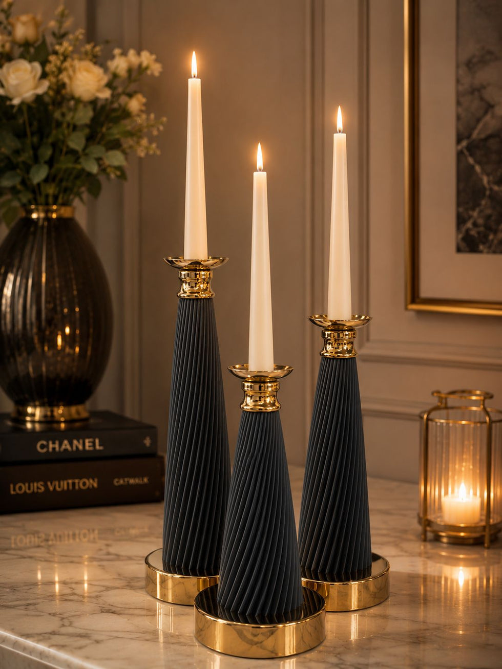 Premium Ribbed Cone Taper Candle Holder Set - Luxury Table Decor