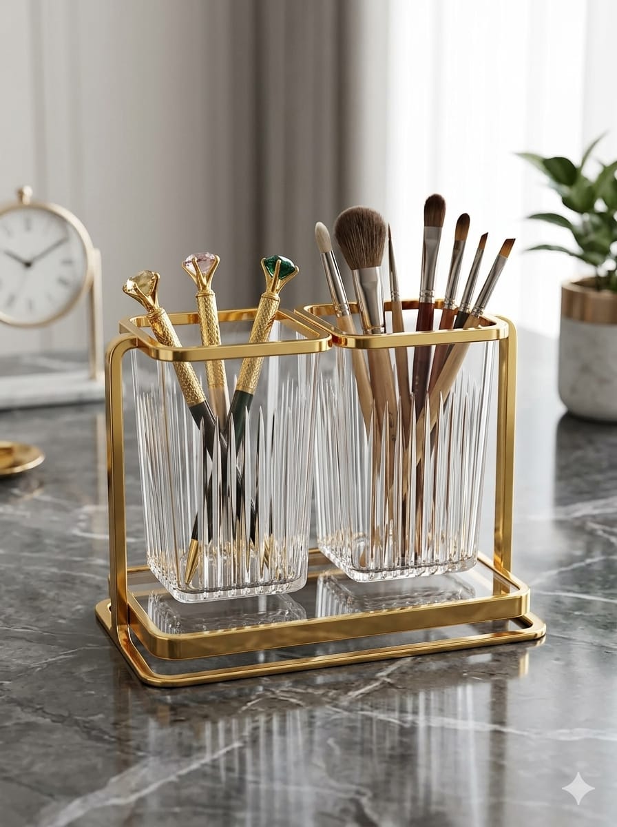 Acrylic Cutlery Holder with Gold Metal Stand | 2-Grid Kitchen Organizer