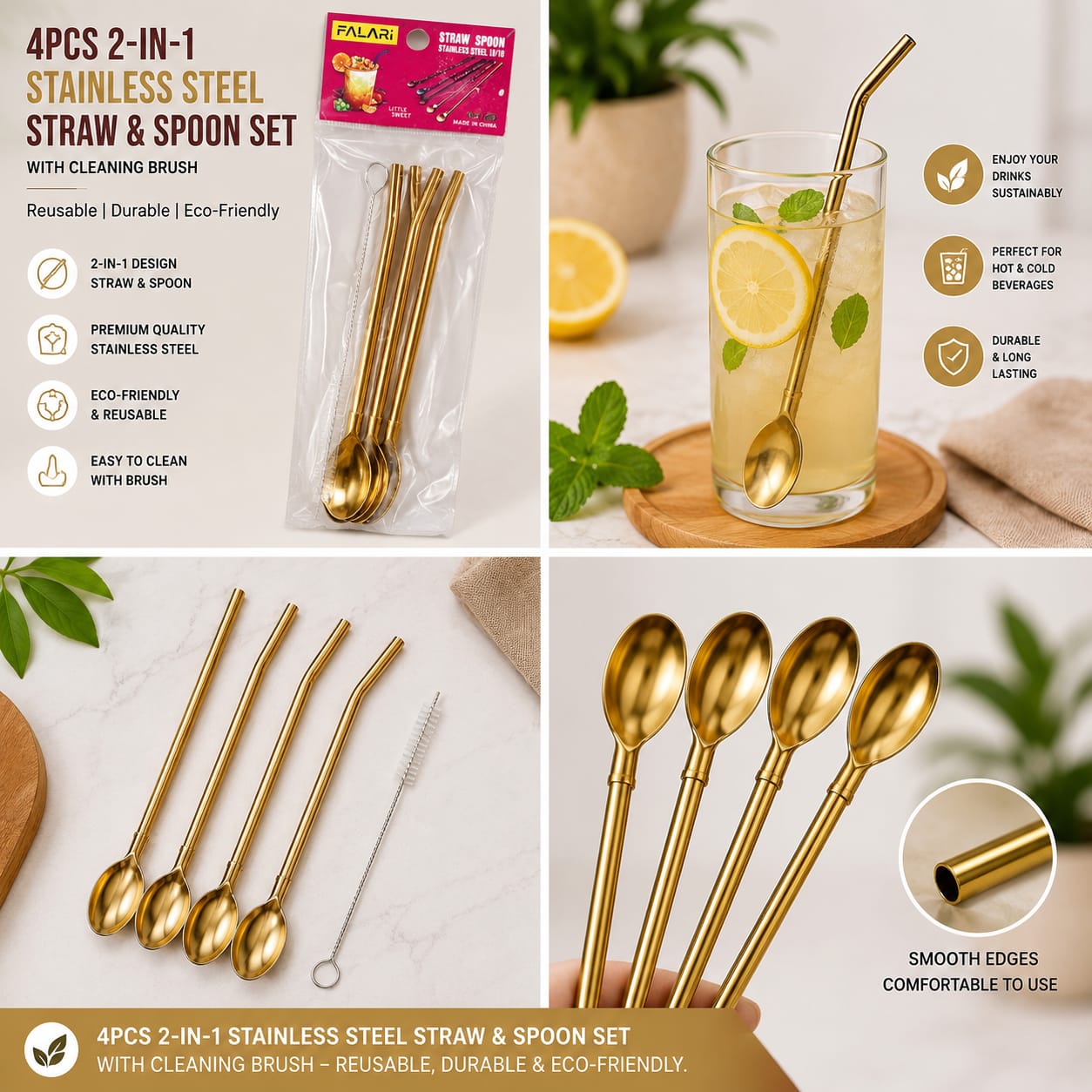 2-in-1 Stainless Steel Straw & Spoon Set with Cleaning Brush (4PCS)
