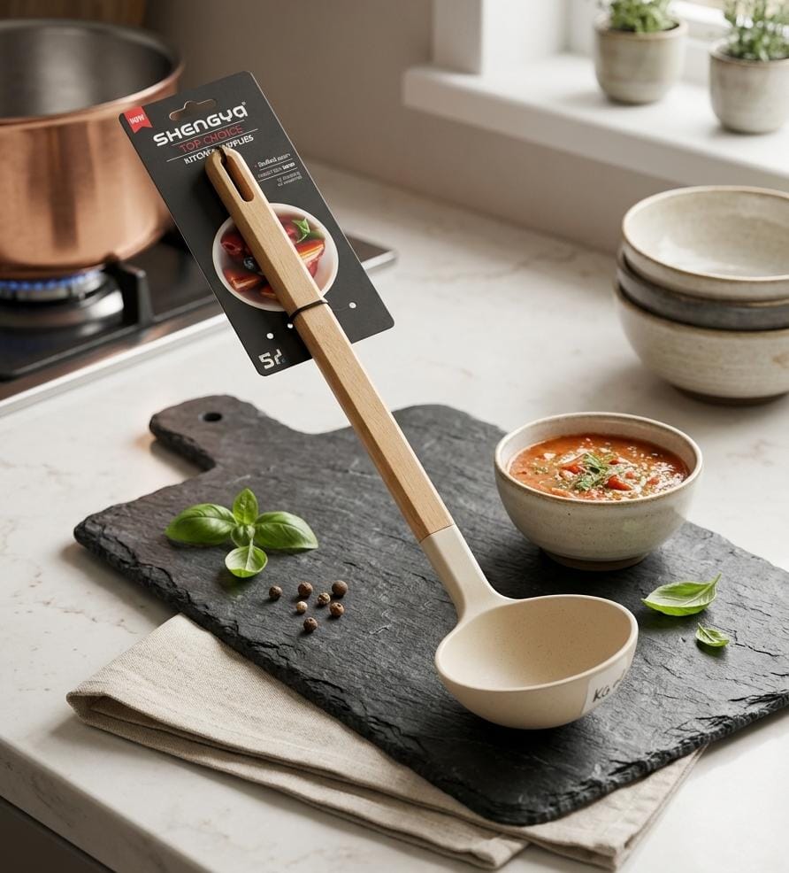 Silicone Spoon with Wooden Handle - Heat-Resistant Cooking Ladle
