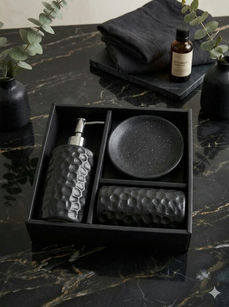 3-Piece Ceramic Bathroom Set – Soap Dispenser, Dish & Tumbler