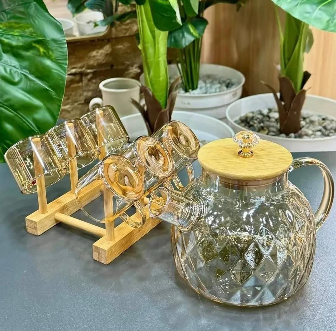 Amber Glass Water Jug Set with 6 Cups & Wooden Rack - Premium Tea & Juice Server Set