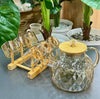 Amber Glass Water Jug Set with 6 Cups & Wooden Rack - Premium Tea & Juice Server Set