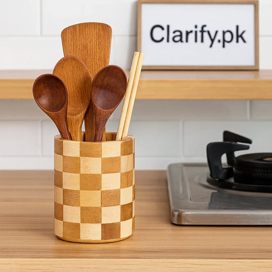 Bamboo Kitchen Utensil Holder – Natural Wood - Clarify.pk