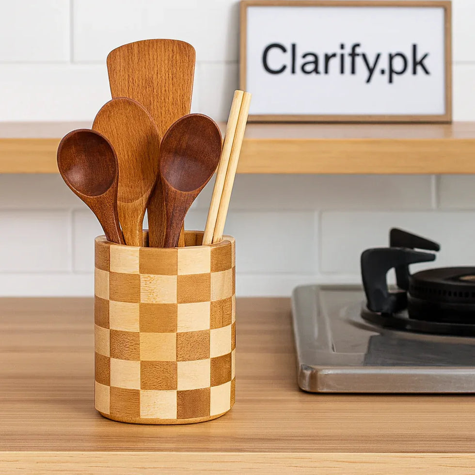 Bamboo Kitchen Utensil Holder – Natural Wood - Clarify.pk