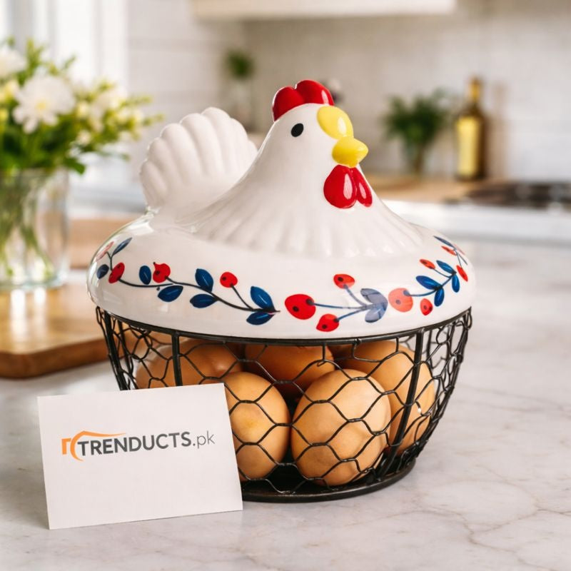 Ceramic Chicken Egg Basket & Wire Mesh Storage NC