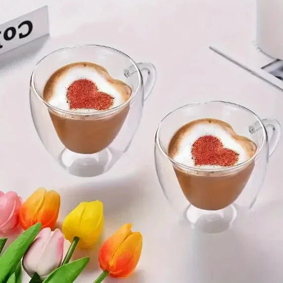 دل کے سائز کا ڈبل ​​​​وال گلاس مگ - خوبصورت کافی کپ