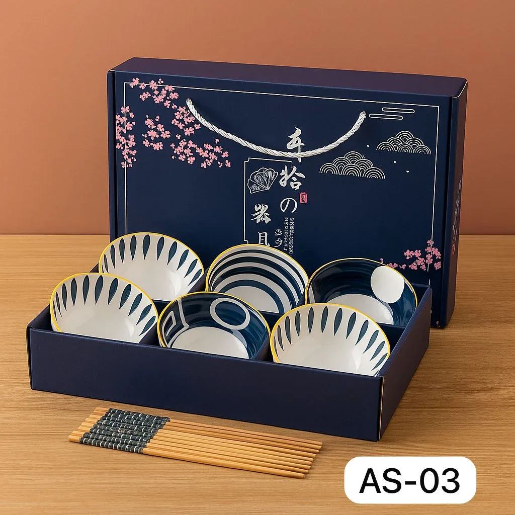 Japanese Ceramic Bowl Set of 6 with Chopsticks – Oriental Blue Blossom Print - Clarify.pk