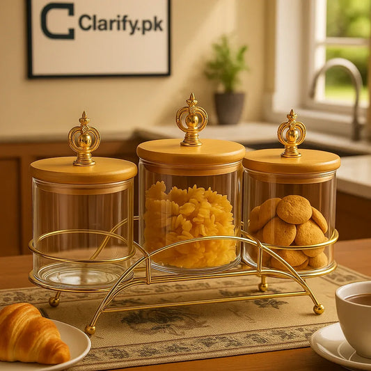 Premium 3-Piece Glass Jar Set – Metal Stand - Clarify.pk