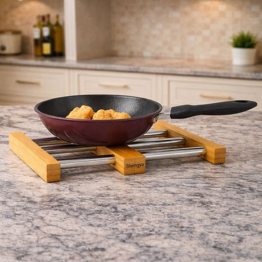 Shengya Wooden Expandable Wok Stand – Adjustable Bamboo Stability MJ