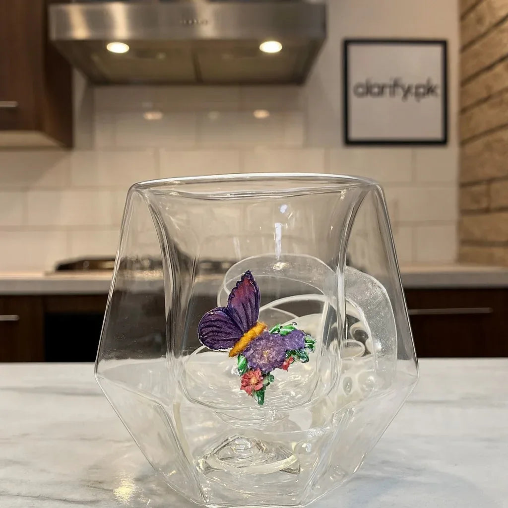 Luxury Butterfly Glass Cup – Double Wall Insulated Design - Clarify.pk
