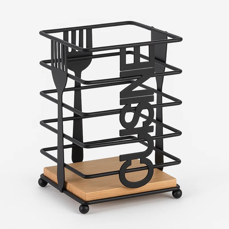 Modern Metallic & Oak Square Spoon Holder – Industrial-Chic Cutlery Organizer MJ