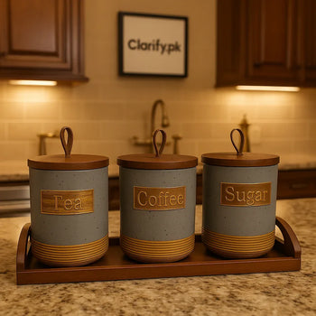Premium Rustic 3 Pcs Ceramic Jar Set with Wooden Tray - Clarify.pk