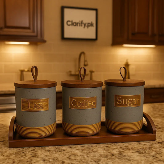 Premium Rustic 3 Pcs Ceramic Jar Set with Wooden Tray - Clarify.pk