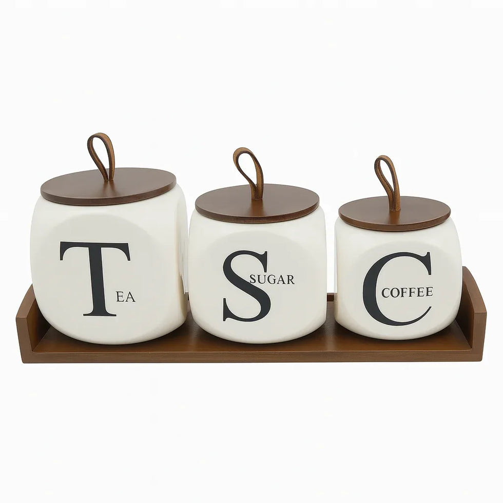 3-Piece Tea Sugar Coffee Ceramic Kitchen Storage Jar Set - Clarify.pk
