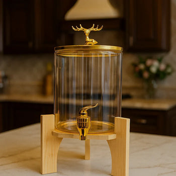 Round Glass Beverage Dispenser - Golden Tap & Wooden Stand - Clarify.pk