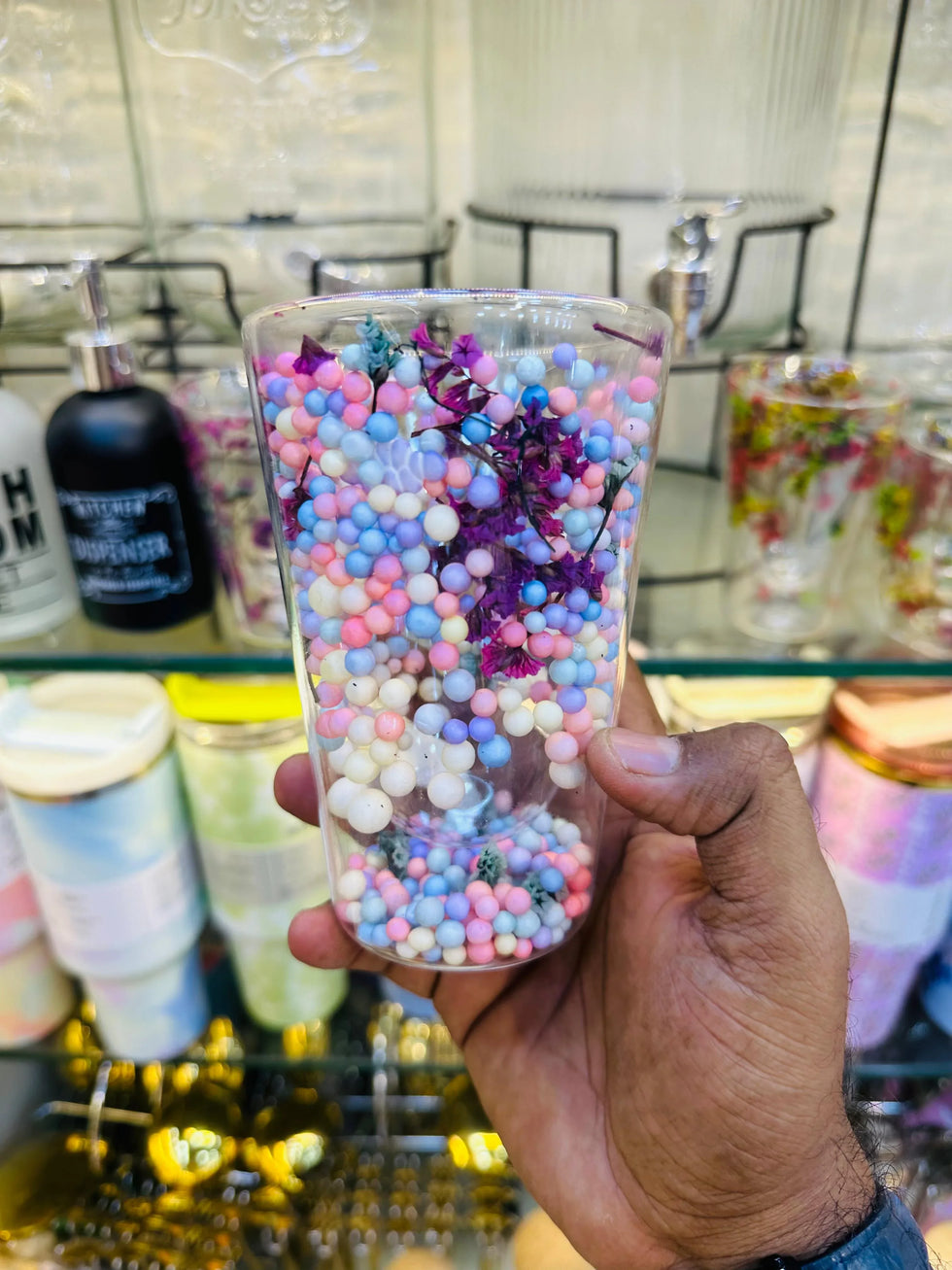 Pastel Bloom Double Wall Glass Cup – Decorative Floral Cup - Clarify.pk