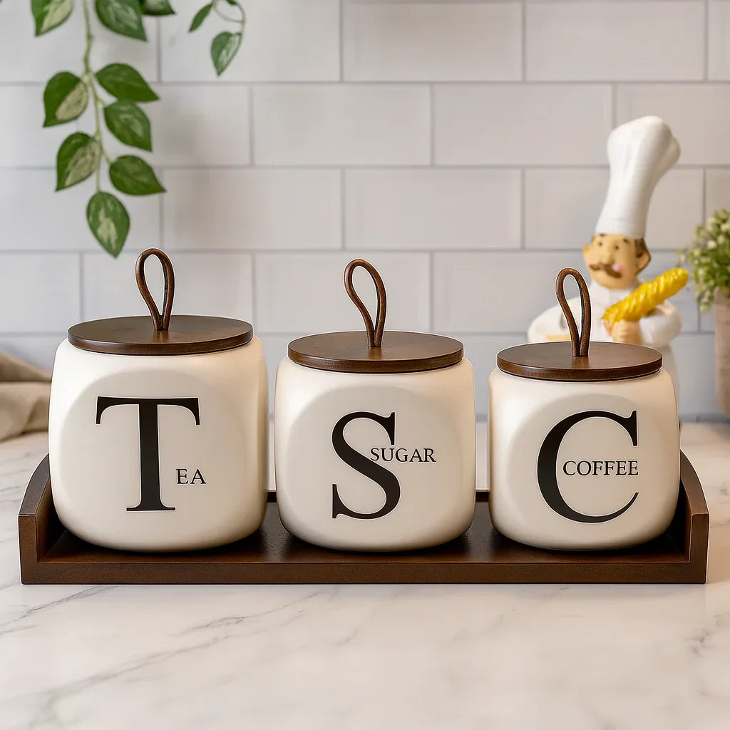 3-Piece Tea Sugar Coffee Ceramic Kitchen Storage Jar Set - Clarify.pk