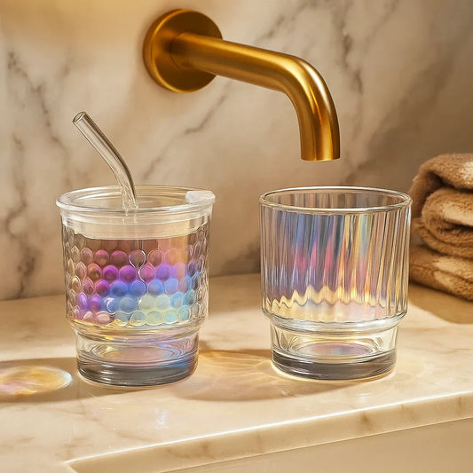 Rainbow Glass Coffee Cup – 350ml with Lid & Straw (Each) - Clarify.pk