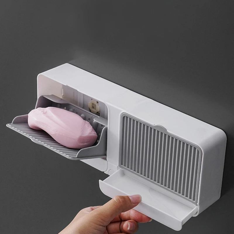 Wall-Mounted Soap Dish Holder with Lid – Double Grid Drain Box, Punch-Free