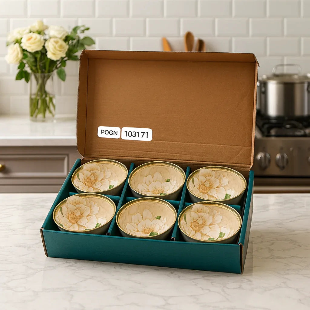 Pack of 6 Ceramic Bowl Set – Elegant Beige Floral Design - Clarify.pk