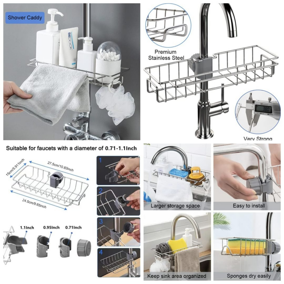 Premium Stainless Steel Faucet Rack - Adjustable Sink Organizer & Shower Caddy - Trenducts.pk