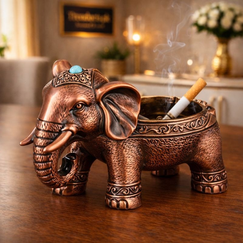 Antique Metal Majestic Elephant Ashtray - Windproof Luxury Desktop Ornament