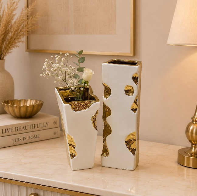 Abstract White & Gold Ceramic Vase