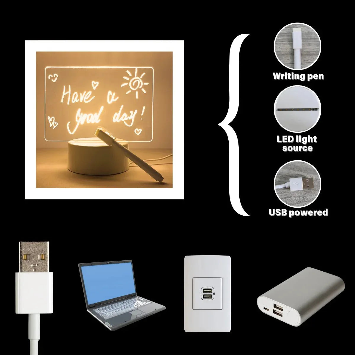 Acrylic Writing Board with LED Base – 3D DIY Night Light - Clarify.pk