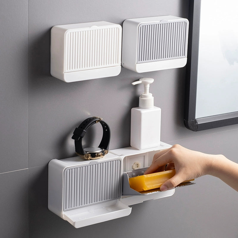 Wall-Mounted Soap Dish Holder with Lid – Double Grid Drain Box, Punch-Free