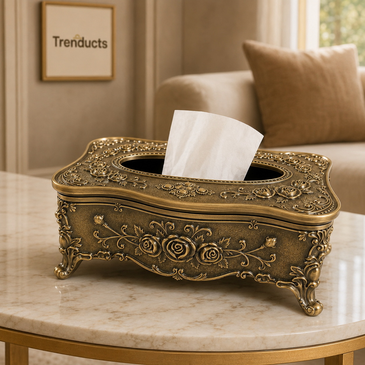 Antique Bronze Floral Tissue Box with Ornate Feet