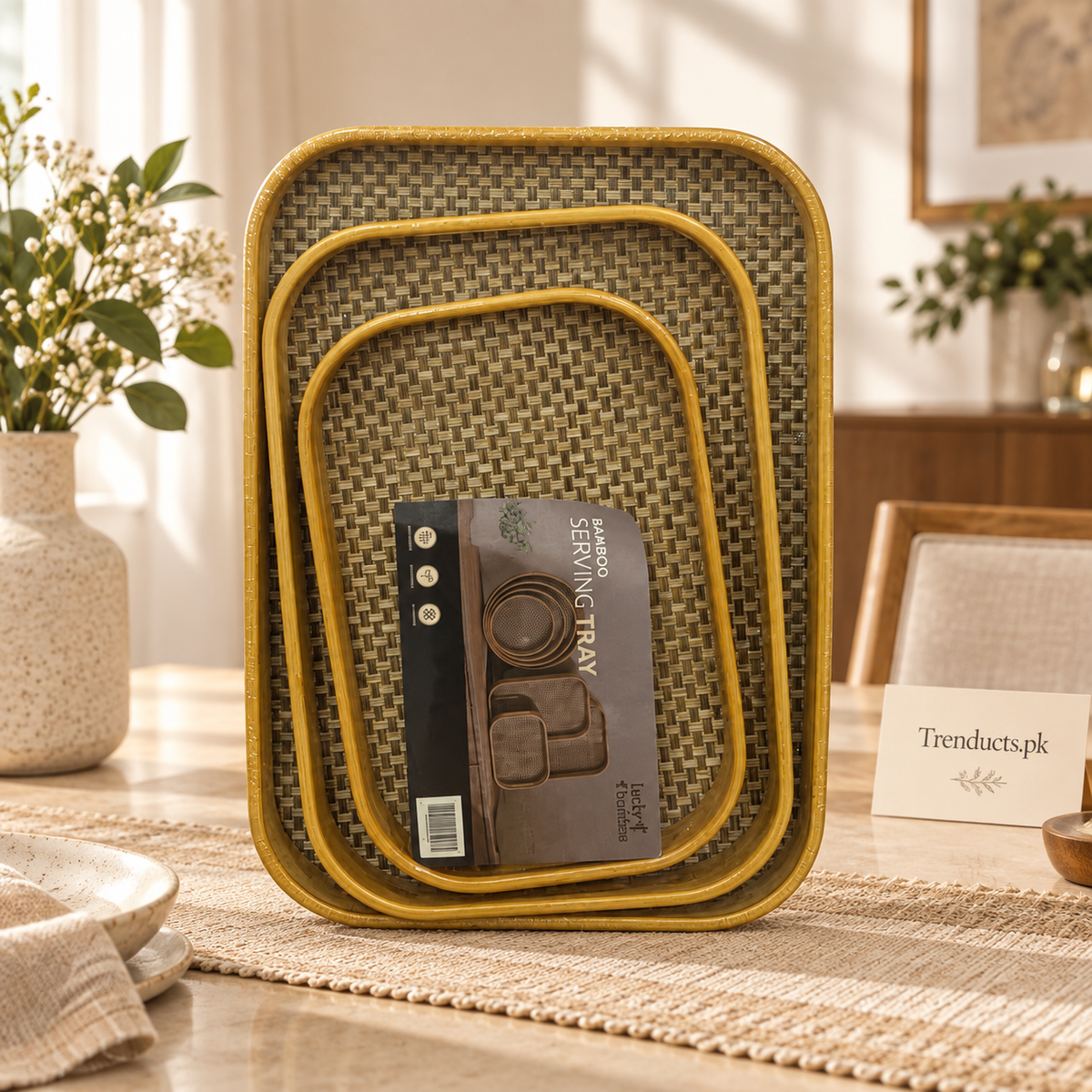 Antique Gold Basket-Weave 3-Piece Tray Set