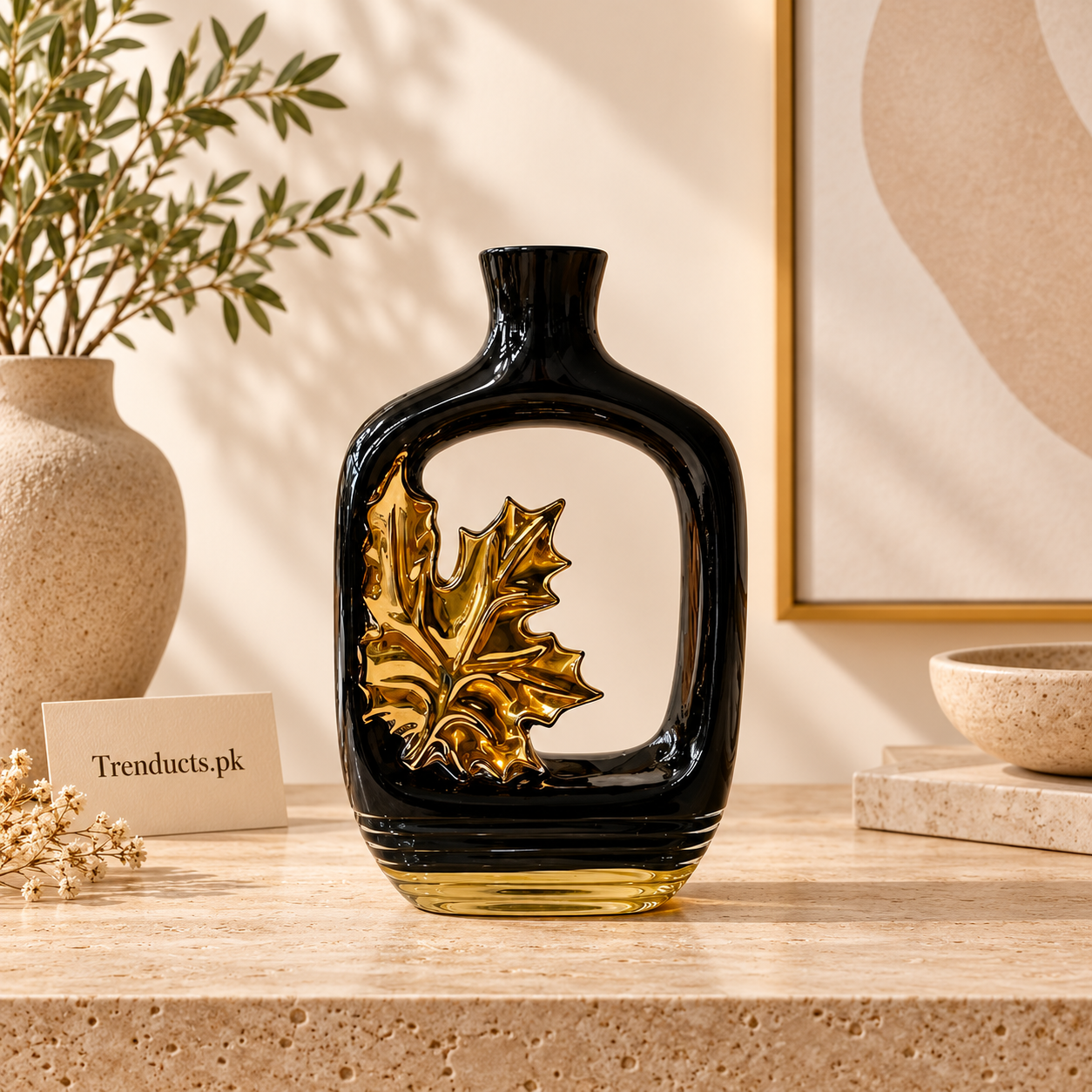 Black Arch Ceramic Vase with Gold Leaf