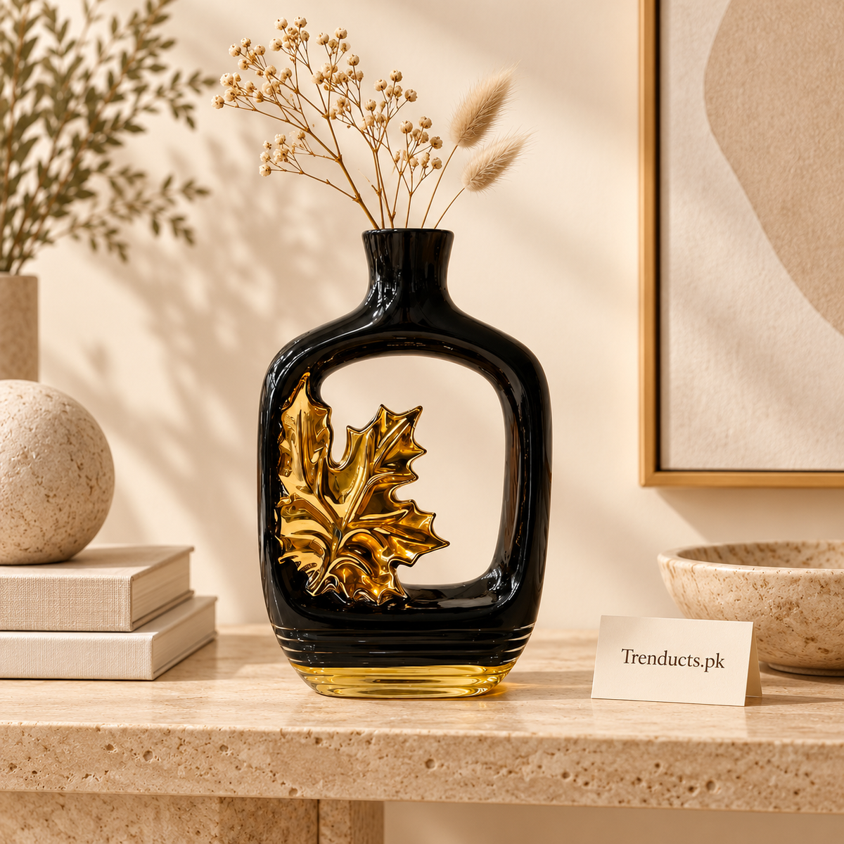 Black Arch Ceramic Vase with Gold Leaf