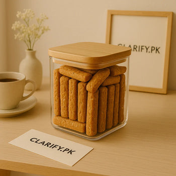 Premium Medium Glass Storage Jar – Airtight Bamboo Lid Food Organizer - Clarify.pk