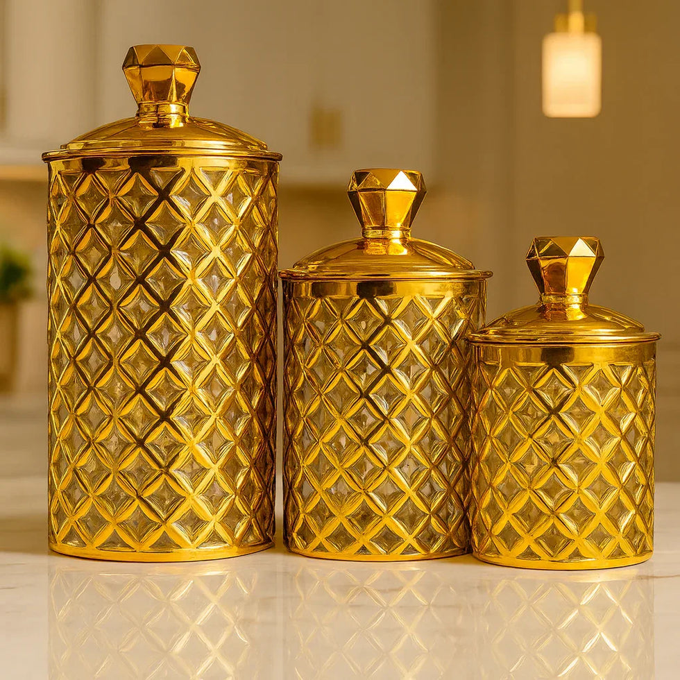 عربی طرز کا گلاس سٹوریج جار – گولڈن لِڈ فوڈ کنٹینر (3 پی سیز سیٹ)