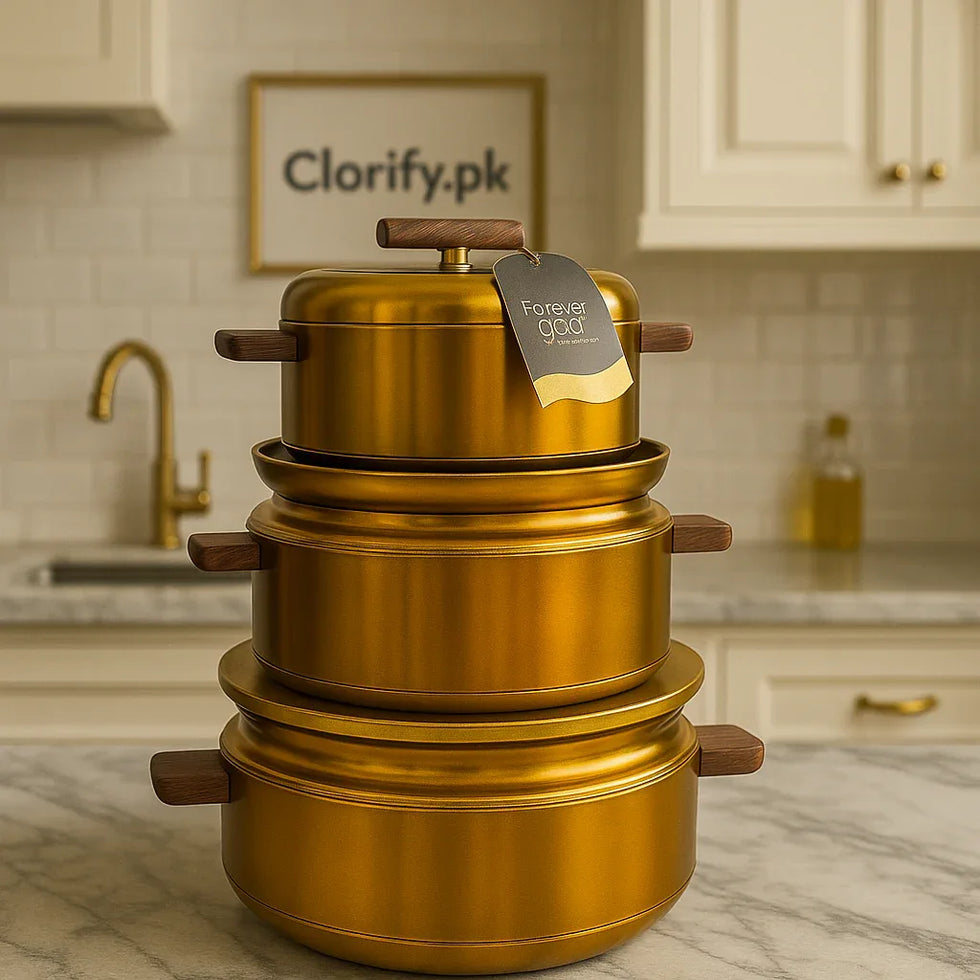 3-Piece Gold Non-Stick Cookware Set – Elegant Design - Clarify.pk
