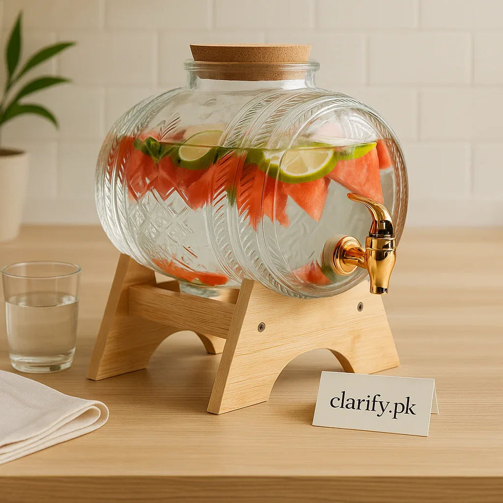 Barrel Shape Glass Water Dispenser with Bamboo Stand