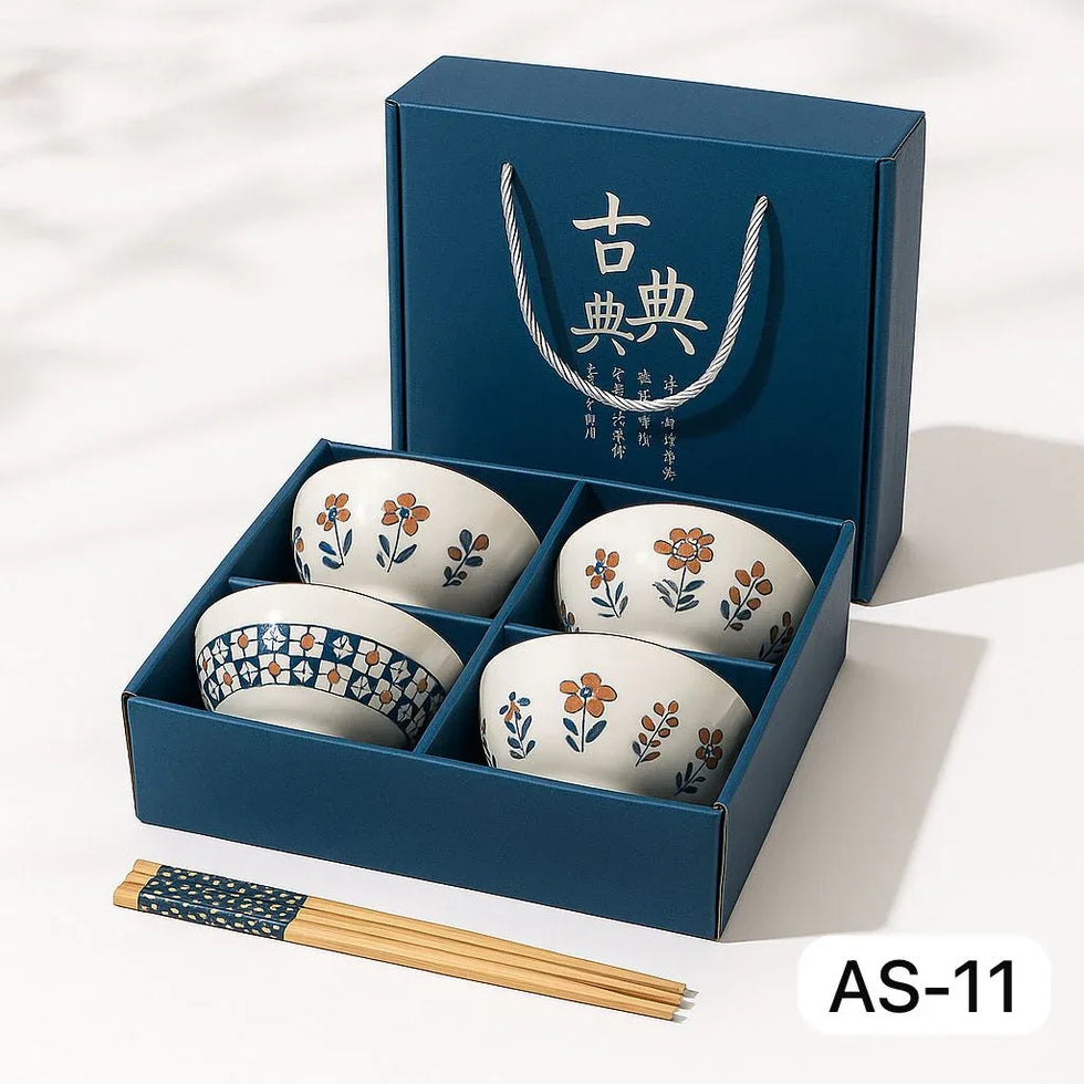 Japanese Ceramic Bowl Set of 4 with Chopsticks – Indigo Floral Print - Clarify.pk