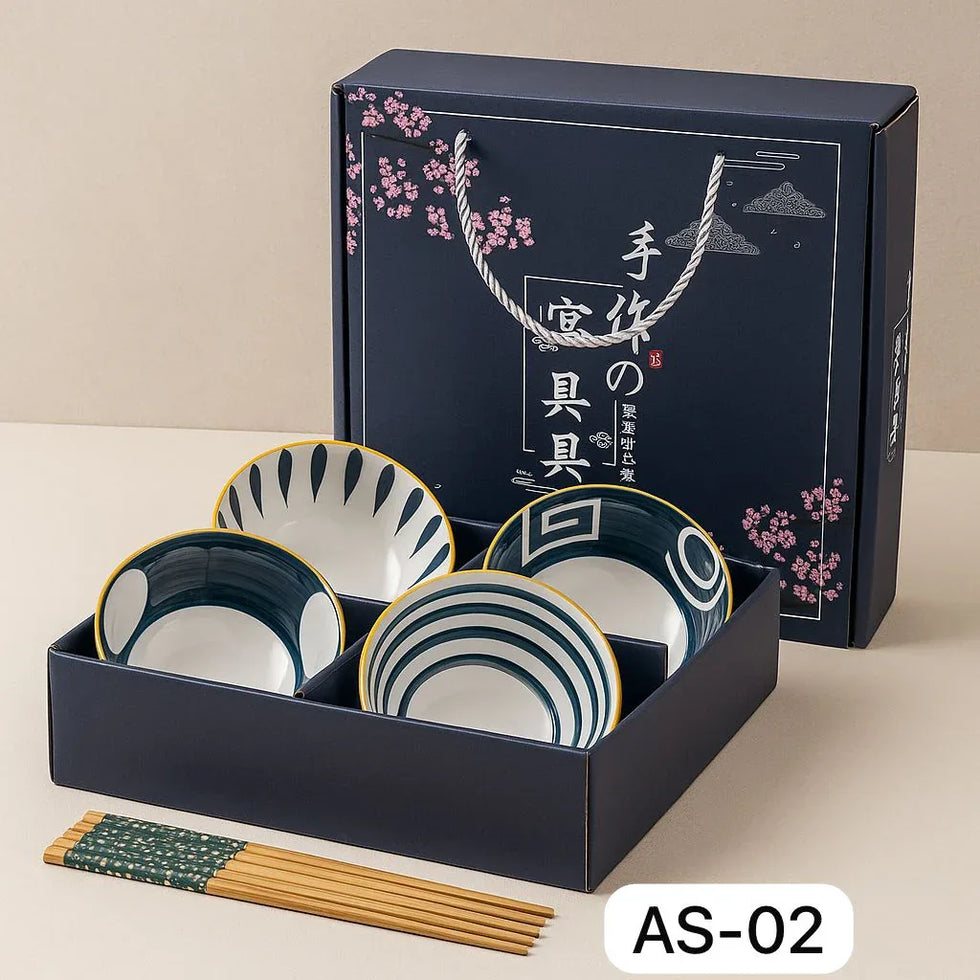 Japanese Ceramic Bowl Set of 4 with Chopsticks – Oriental Blue Blossom Print - Clarify.pk