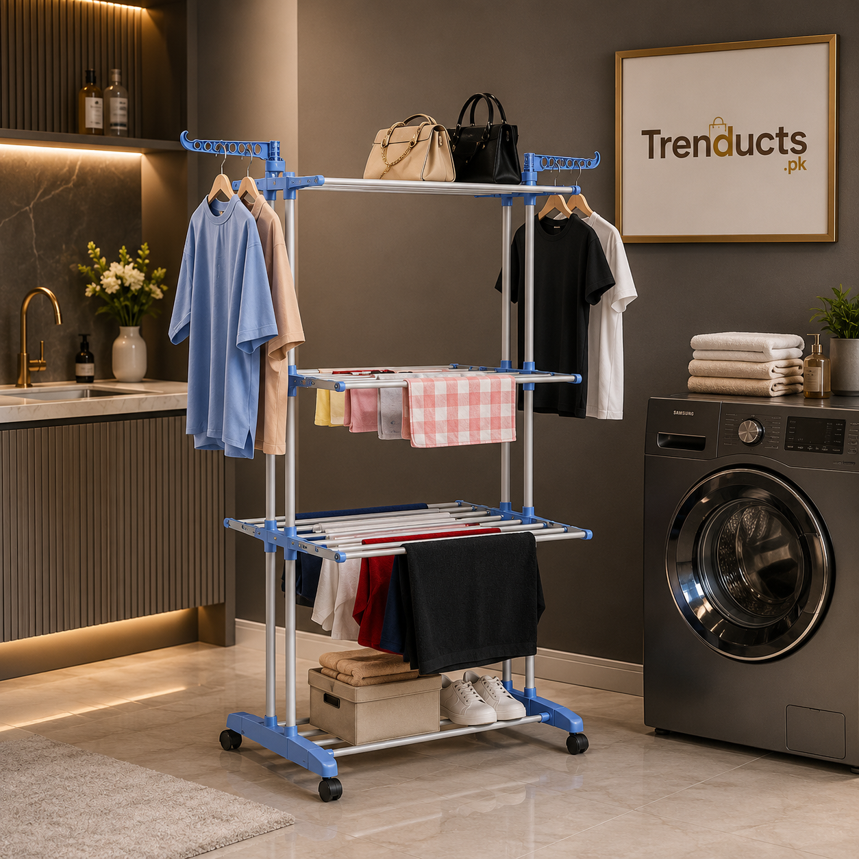 ملٹی فنکشنل پورٹ ایبل ڈرائینگ ریک اور کپڑوں کا ہینگر اسٹینڈ