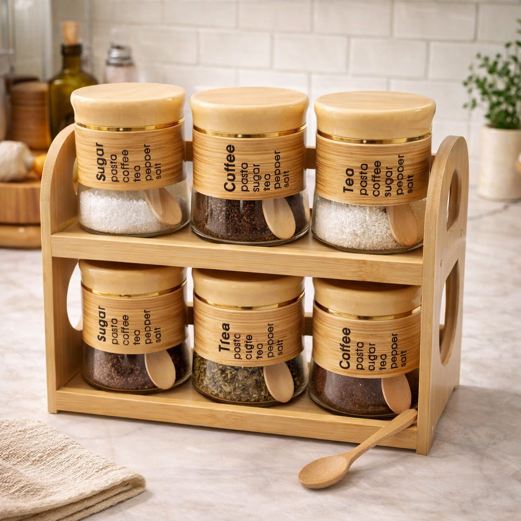 6-Piece Glass Spice Jar Set – Natural Bamboo Wood Stand GL