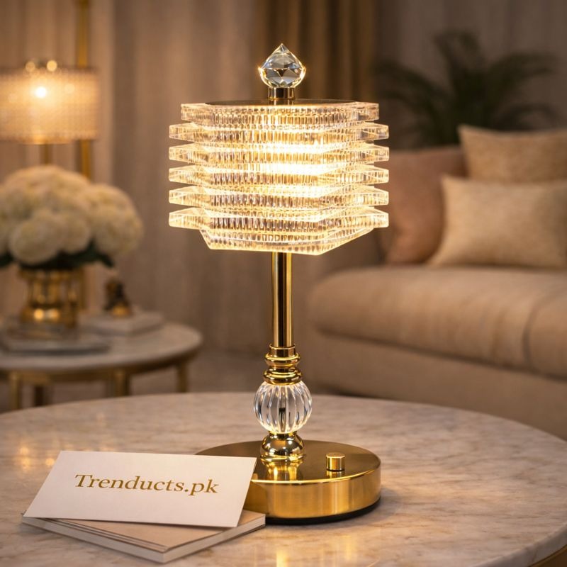 Luxury LED Electric Crystal Tiered Lamp - Modern Gold Night Light for Bedroom & Living Room - Trenducts.pk